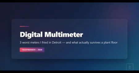 digital multimeter featured image showing industrial robotic arm in a factory environment